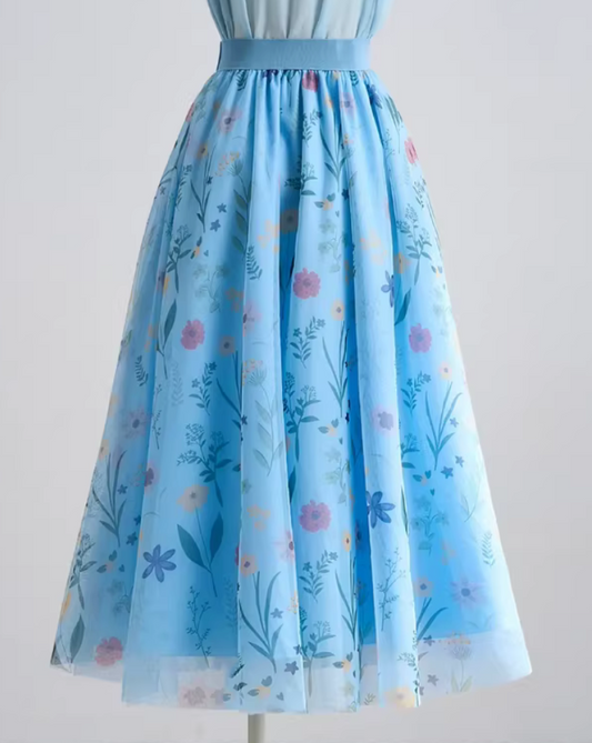 Women's Blue Floral Mesh Midi Skirt-Artistic Elastic Waist Skirt. (SSS0030)