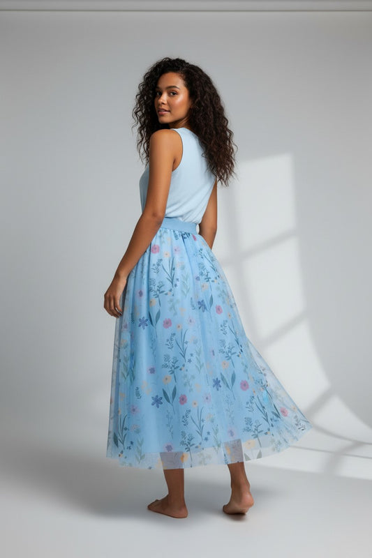 Women's Blue Floral Mesh Midi Skirt-Artistic Elastic Waist Skirt. (SSS0030)