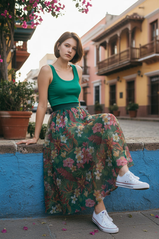 Women's Floral Mesh A-Line Midi Skirt-Elastic Eaist Flowing Skirt (SSS0031)