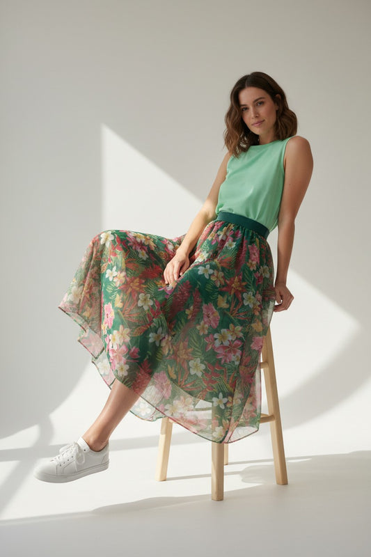 Women's Floral Mesh A-Line Midi Skirt-Elastic Eaist Flowing Skirt (SSS0031)