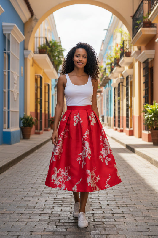 Women's Classic Floral Embroidered Skirt-Red Puff Midi High-Waist Skirt (SSS0032)