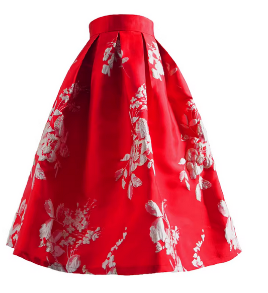 Women's Classic Floral Embroidered Skirt-Red Puff Midi High-Waist Skirt (SSS0032)