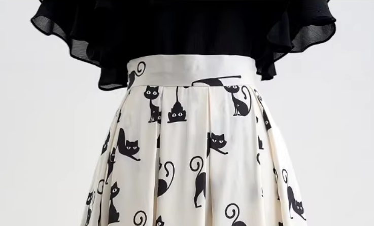 Women's Adorable Black Car Print Midi Skirt-High-Waist Voluminous Flared Skirt (SSS0033)