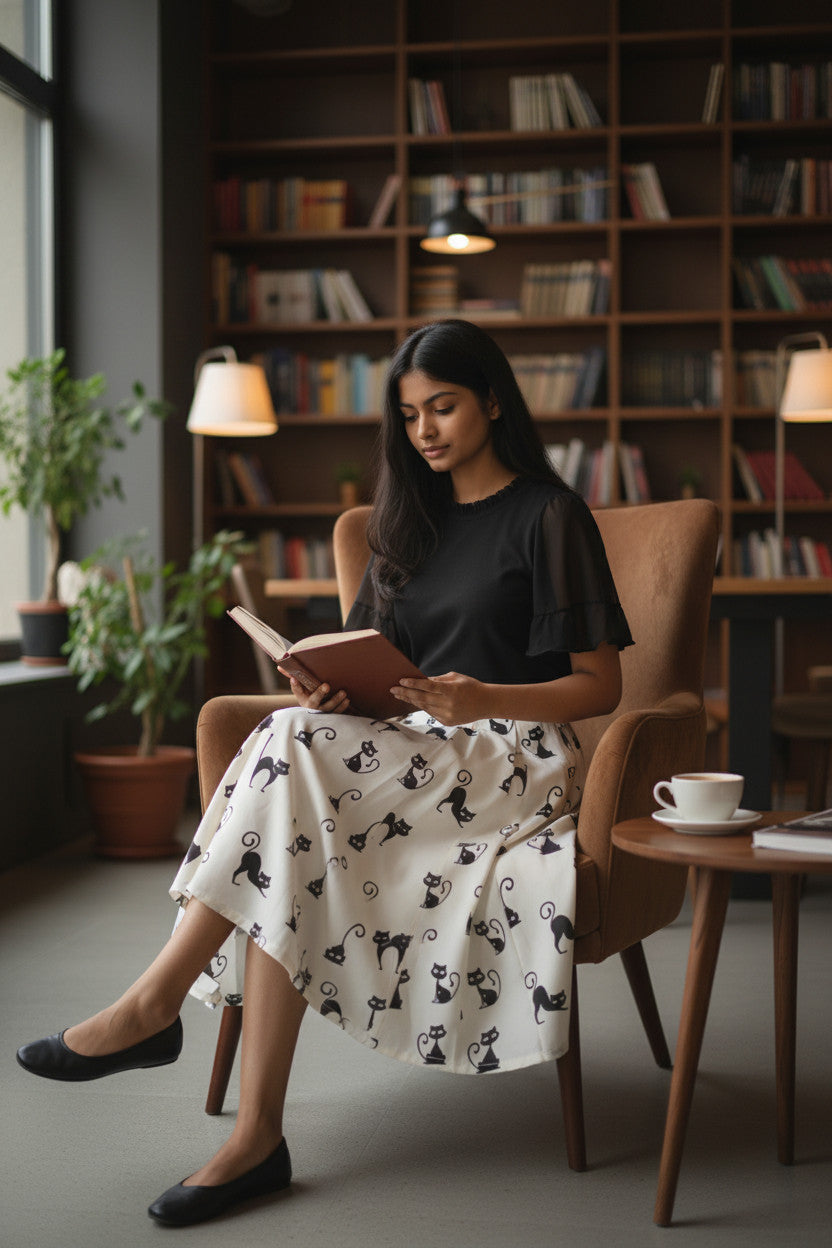 Women's Adorable Black Car Print Midi Skirt-High-Waist Voluminous Flared Skirt (SSS0033)