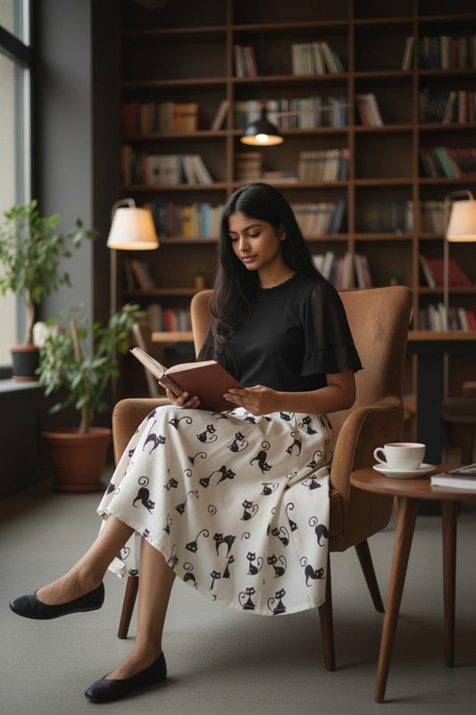 Women's Adorable Black Car Print Midi Skirt-High-Waist Voluminous Flared Skirt (SSS0033)