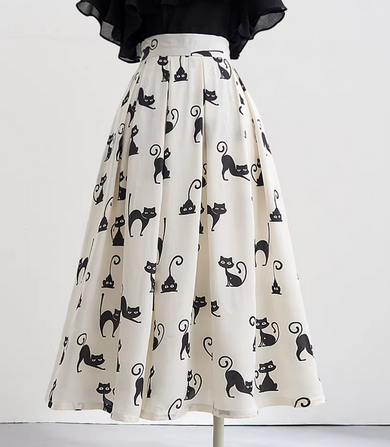 Women's Adorable Black Car Print Midi Skirt-High-Waist Voluminous Flared Skirt (SSS0033)