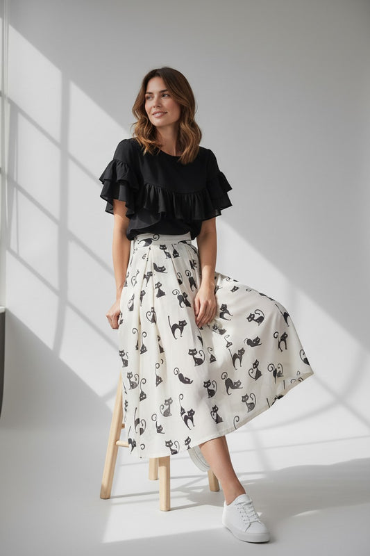 Women's Adorable Black Car Print Midi Skirt-High-Waist Voluminous Flared Skirt (SSS0033)