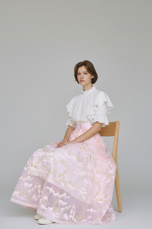 Women's sweet pink embroidered organza high-waist lace skirt for spring and summer (SSS0026)