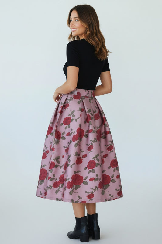 Women's High-waist Flared Umbrella Skirt-Vintage Rose Embroidery. (SSS0034)